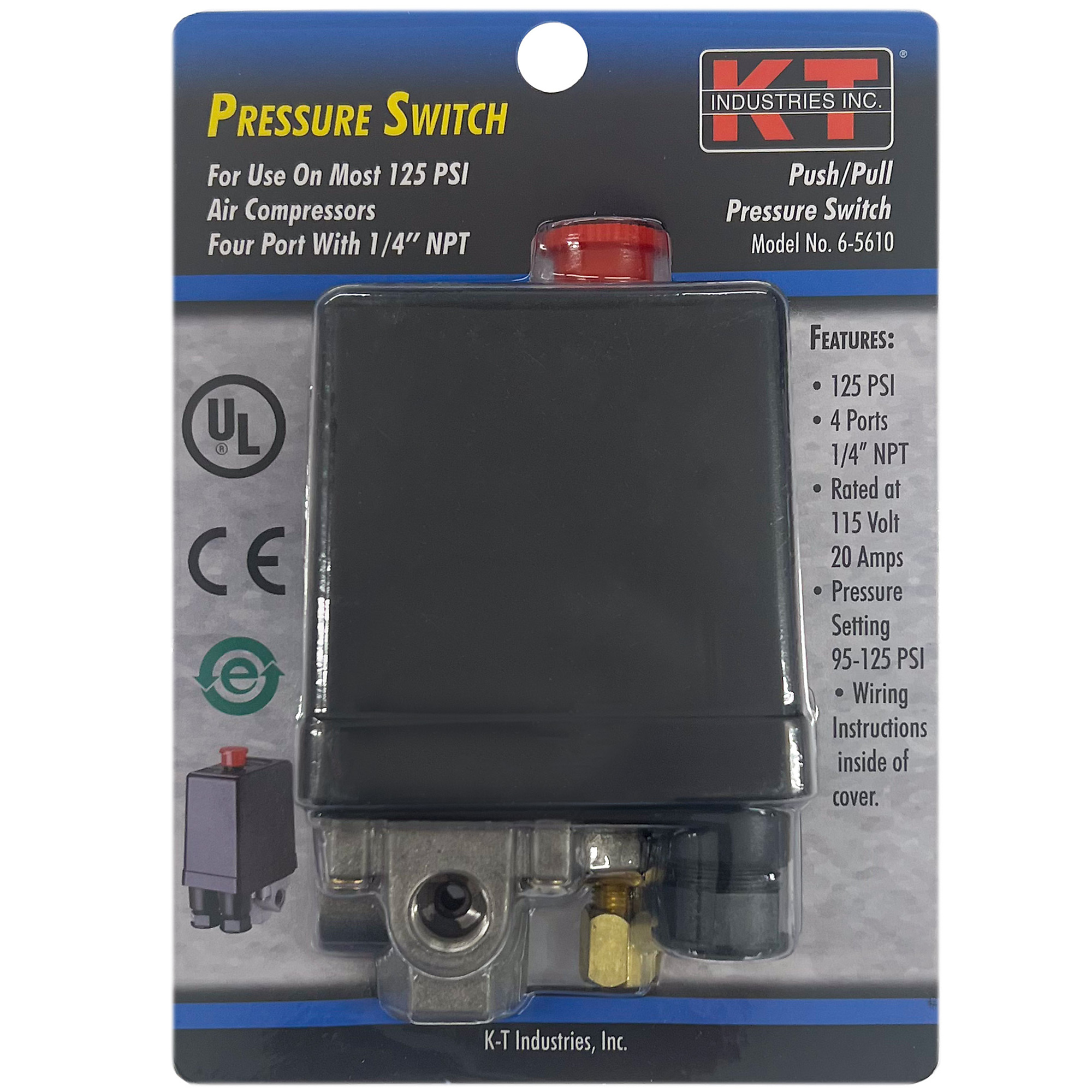 K-T Industries Pressure Switch — 125 PSI, Push/Pull, 1/4in. NPT, Model# 6-5610